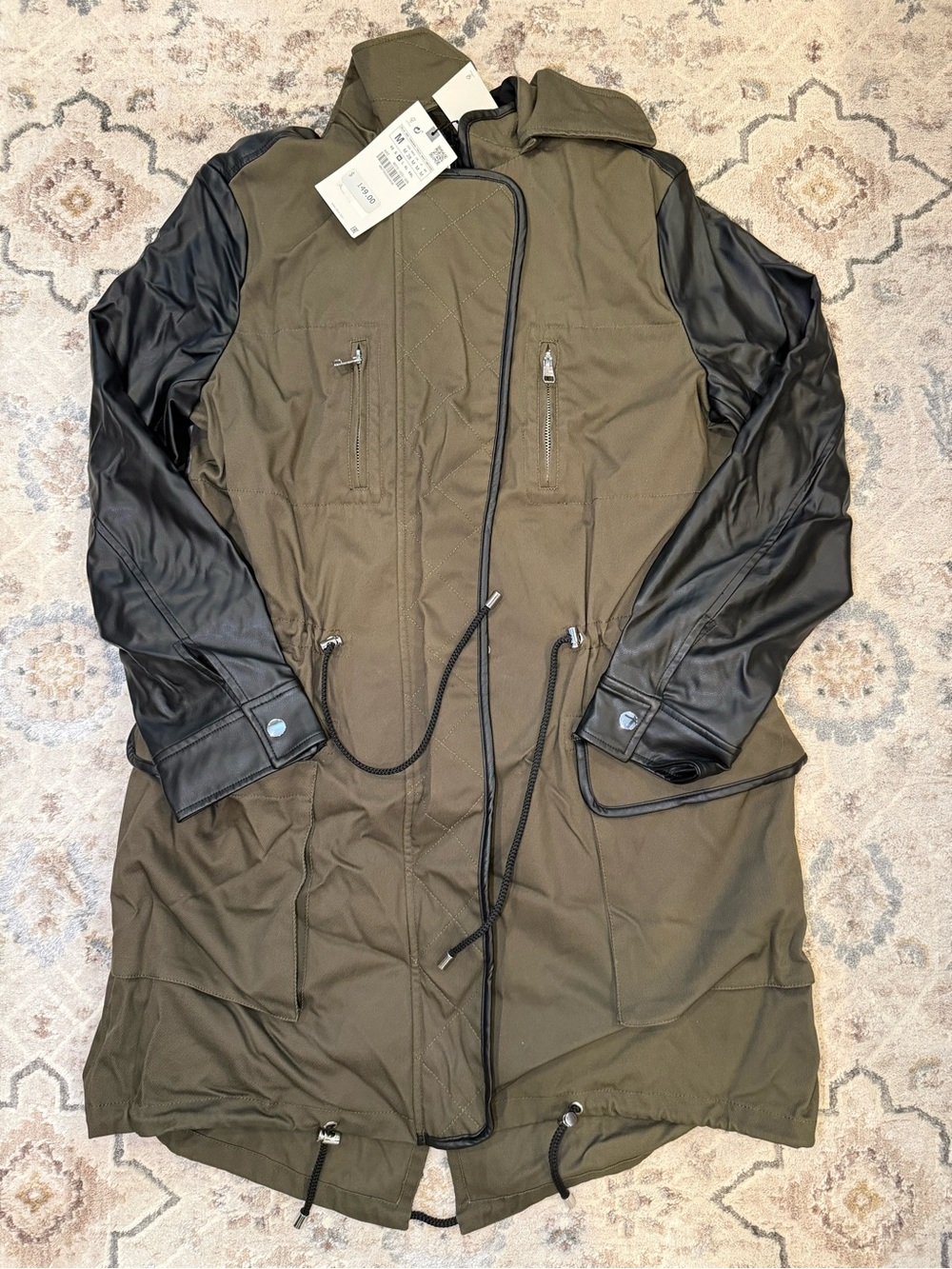 Zara Women’s Parka with Black Faux Leather Sleeves Sz Medium